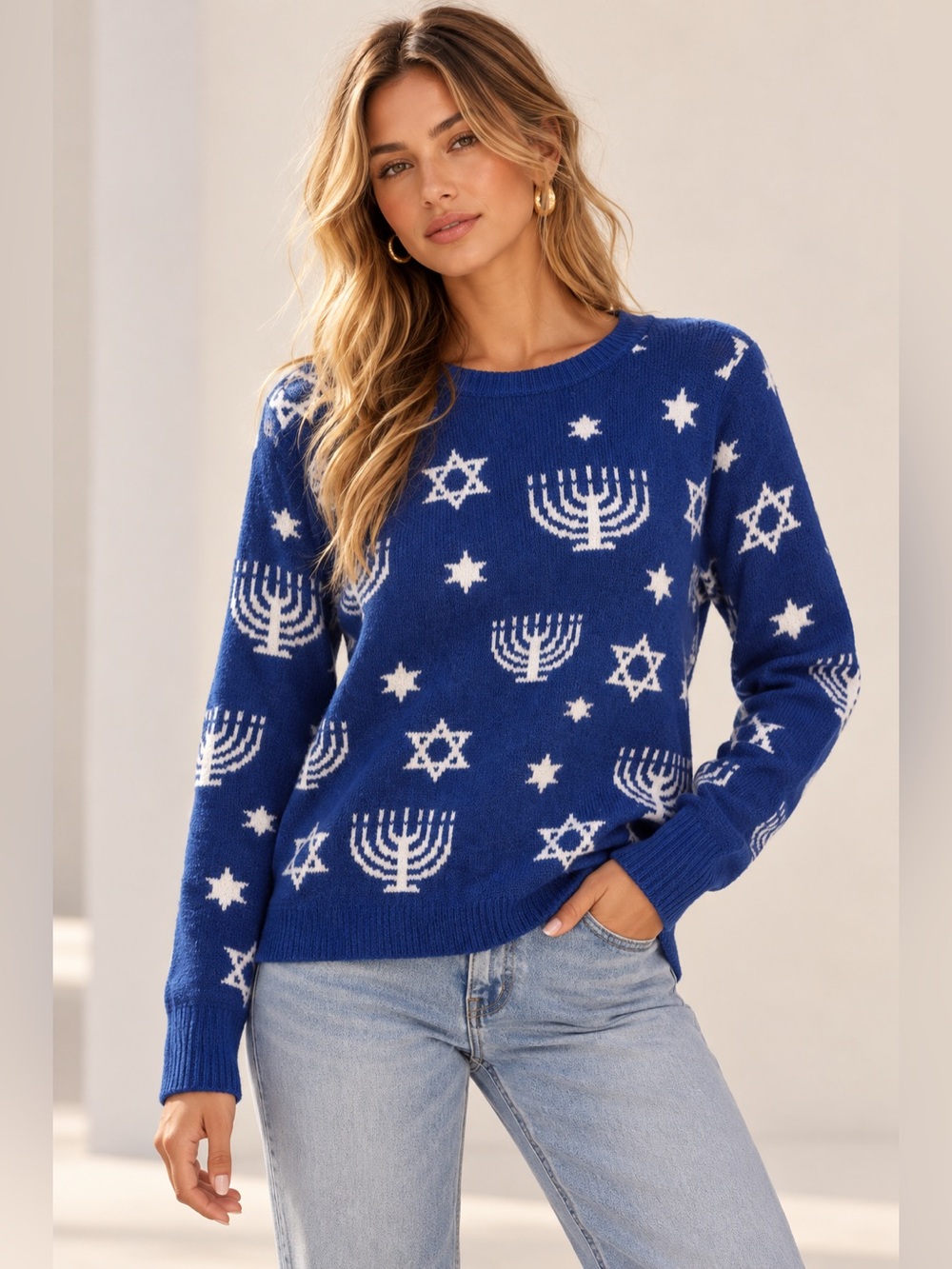 NWT Blue Hanukkah Motif Knit Sweater
